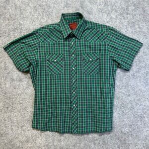 Rustler Western Shirt Mens L Green Plaid Excellent Short Sleeve Pearl Snap Tail